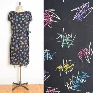 vintage 80s dress black colorful scribble print flutter new wave sheer M